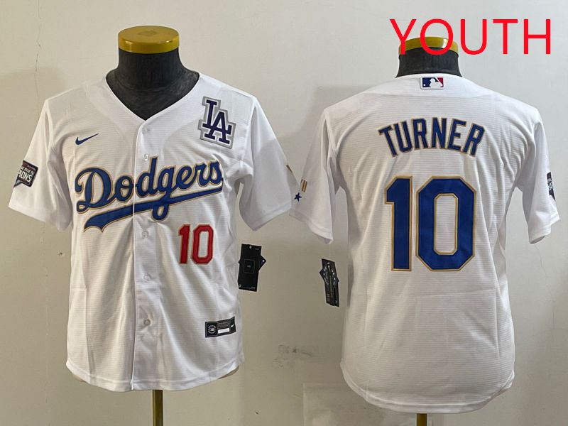 Youth Los Angeles Dodgers 10 Turner White Gold Game 2025 Nike MLB Jersey style 2